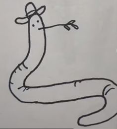 a drawing of a worm with a hat on it's head and arms stretched out