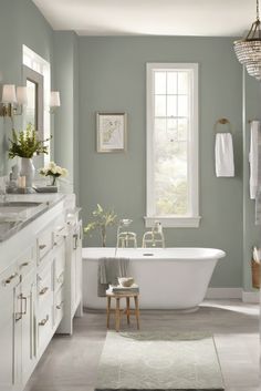 Fresh, Stylish, Sherwin-Williams, Gray-Greenpicks Subtle Bathroom Colors, Green Walled Bathroom, Grey Sage Bathroom, Grey Green Paint Color Sherwin Williams Bathroom, Grey Green Paint Color Bathroom, Paint Color Bathroom Ideas, Sage Green Bathroom With Wallpaper, Bathroom Paint Color Ideas Sherwin Williams, Light Grey And Green Bathroom