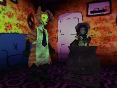 two animated characters standing in front of a room with flowers on the walls and floor