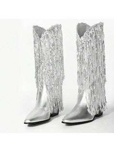 Fit & Features: (approx. measured from a US size 6)– Vegan Leather Upper– Square Pointed Toe– Low-stacked Chunky Heel– 12.6" Shaft Height– 3" Heel Height– 15.35" Circumference– Side zipper closure. Iridescent Sequined Fringe: Cascading sequined fringe is the major sparkle of these cowboy boots, which make you complimented and the spotlight at any occasion! You'll want to wear them every time a glamorous event rolls around. All-over Metallic Sheen: Stunning all-over metallic shine, your perfect summer party western boots! Mid-calf height and wide circumference design is comfortable and slims the leg. Match&Occasion: Our Cowboy boots for women are suitable for party,wedding ,Music Festival and every occasion you want to dress carefully. Step out and show off major sparkly vibes in these fun Silver Sequin Dress With Cowboy Boots, Bridal Party Cowboy Boots, Dressy Cowgirl Boots, Boots And Bling Party Theme, Boots And Bling Party Outfit, Fancy Cowgirl Outfits, Disco Cowgirl Aesthetic, Metallic Cowgirl, Nye 2024