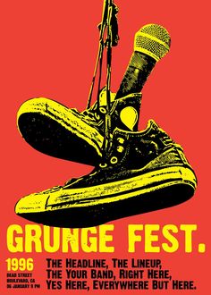 a pair of shoes with the words grunge fest on it and an old microphone