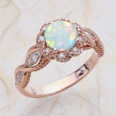 Simulated Opal Rose Gold Pink Opal Opal Engagement Ring Rose Gold, Rose Gold Engagement Ring Vintage, Opal Engagement Ring, Vintage Rose Gold, Moonstone Engagement, Engagement Ring Vintage, Round Engagement Rings, Moonstone Engagement Ring, Opal Engagement