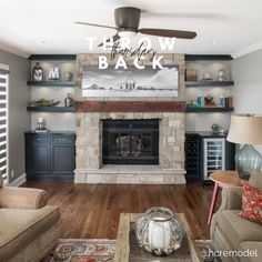 a living room filled with furniture and a fire place in front of a tv mounted on the wall