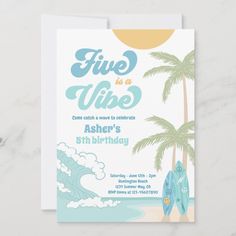 a birthday card with a surfboard and palm trees