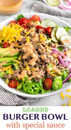 loaded burger bowl with special sauce and vegetables on the side for dinner or appetizer