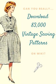 an advertisement for a vintage sewing pattern, featuring a woman in a plaid dress with a pair of scissors