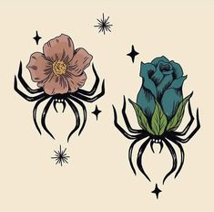 two spider tattoos with flowers and stars on the back of their backs, one is blue