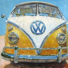 a painting of a yellow and white vw bus