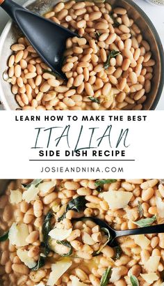 a bowl filled with beans and spinach next to a spoon on top of it