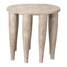 a white wooden table with three legs and a circular design on the top, sitting in front of a white background