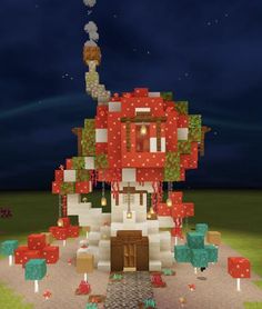 an image of a red mushroom house in the night