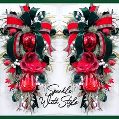 two christmas wreaths with red and green decorations