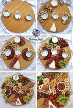 four pictures show different types of food on a wooden platter, including cheeses and grapes