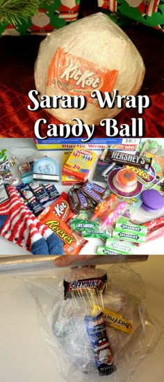 an assortment of candy wrapped in plastic on top of a white table with text overlay that reads, saran wrap candy ball