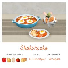 an animated image of a dog standing in front of a bowl of food with eggs on it