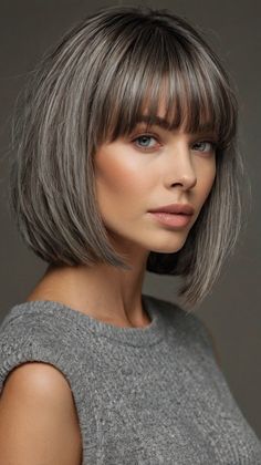 Glamorous Beachy Waves on Medium Length Gray Hair Gray Bob With Bangs, Hairstyles With Bangs Medium, Gray Hairstyles With Bangs, Medium Bob With Bangs, Bangs Medium Length, Medium Length Hairdos, Grey Hair With Bangs, Grey Hairstyles