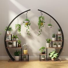 a circular shelf with potted plants on it in front of a wall mounted planter