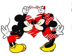 mickey and minnie mouse kissing each other in front of a heart with the word love on it