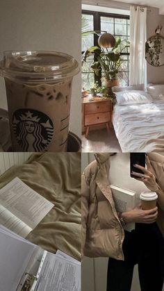 there is a collage of pictures with coffee, books and other things in it