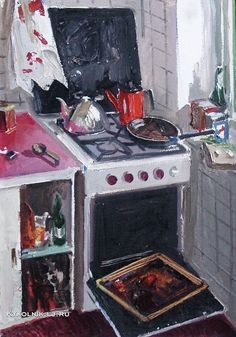 a painting of a kitchen with an oven and stove