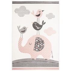 an elephant and two birds are on top of a white towel with pink polka dots