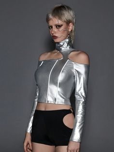 Sexy PU Reflective Striped Futuristic Women Bodycon T-Shirt Silver Casual  Wrist-Length Sleeve Knitted Fabric Colorblock,Plain,Striped  Medium Stretch  Women Clothing, size features are:Bust: ,Length: ,Sleeve Length: Silver Futuristic Fashion, Bellatrix Outfit, Futuristic Fashion Women, Scifi Fashion, Futuristic Woman, Futuristic Clothing, Fashion Promotion, Sci Fi Fashion, Futuristic Fashion