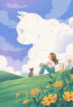 a woman sitting on top of a lush green hillside next to a cat and clouds