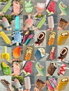 many different types of ice creams and popsicles are shown in this collage