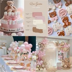 pink and gold baby shower theme with teddy bears, balloons, cake, cookies and decorations