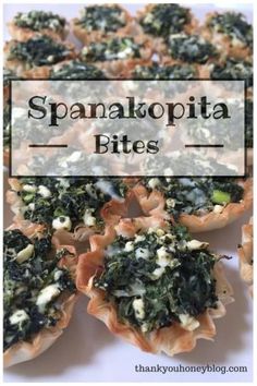 spinach pita bites with text overlay that reads, spanatopita bites