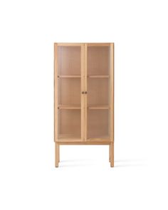 a wooden cabinet with glass doors on the front and bottom shelves, against a white background