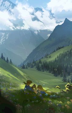 two people are sitting in the grass near mountains