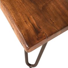 a close up of a wooden table with metal legs and a wood top on a white background