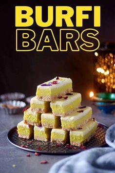 a stack of desserts with the words buffi bars in yellow and black on top