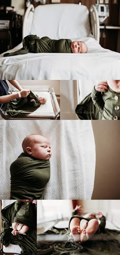 a collage of photos shows a baby laying on a bed