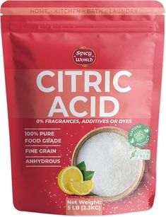 the back side of a red bag of citrus acid powder with lemon slices on it