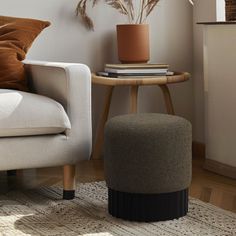 a living room with a couch, chair and plant on the table in front of it