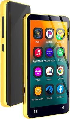 an image of a cell phone with icons on the front and back side, all in yellow