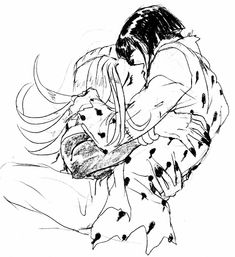 a black and white drawing of a man hugging a woman's head with long hair