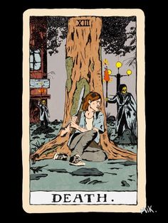 a tarot card with a woman sitting on the ground next to a tree