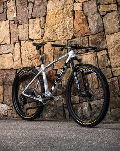 a bike leaning against a stone wall next to a dog's head on the ground