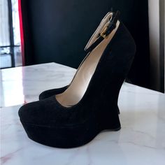 Prada Women Black Pumps Suede Ankle Strap Wedge High Heels Shoes Eu 38.5 Fashion Wedge High Heels, Prada Women, Shoes Prada, High Heels Shoes, Ankle Strap Wedges, Strap Wedge, High Heel Wedges, Fashion Color, Prada Shoes