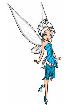 a cartoon tinkerbell with blue and white wings