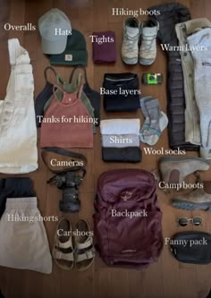 the contents of a backpack laid out on top of a wooden floor next to shoes