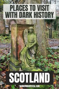 an old cemetery with the words scotland on it and a photo of a statue in front