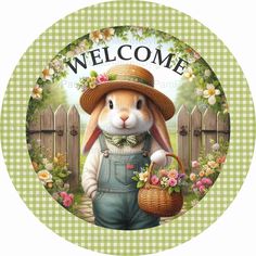 a rabbit wearing overalls and a hat holding a basket