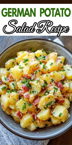 a bowl full of potato salad with parsley on top and the words german potato salad recipe