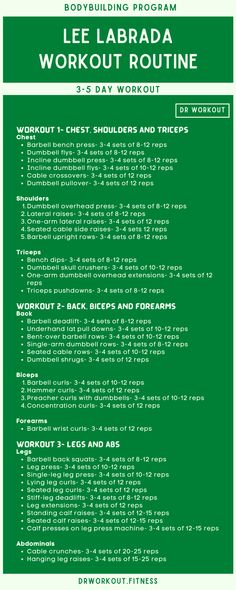 the flyer for lee labada's workout routine is shown in green and white