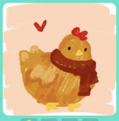 a drawing of a chicken with a scarf around its neck and a heart in the background