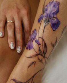 Iris Flower Tattoo Design Interesting Flower Tattoo, Iris Tattoo Small Simple, Purple Iris Tattoo Design, Iris Tattoo Arm, Purple Violet Tattoo, Iris Flower Tattoos, Purple Iris Tattoo, Irises Tattoo, Exotic Flower Tattoos